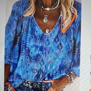Belleblush XL Women's Bohemian V-Neck Royal Blue Floral Printed Blouse